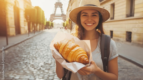 Fototapeta Naklejka Na Ścianę i Meble -  paris woman straw hat eiffel tower