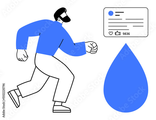 Man in active stance near social media interaction card and bold water droplet. Ideal for fitness, social engagement, daily habits, digital connection, influencer marketing, wellness apps, simple