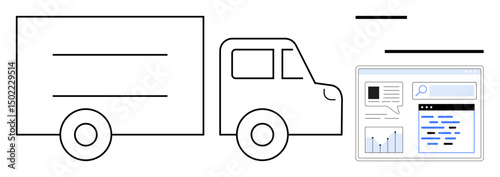 Truck alongside a data dashboard with charts, search bar, and analytics. Ideal for logistics, delivery, transportation, supply chain, analytics, technology integration simple landing page