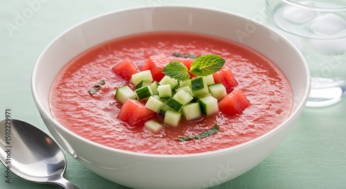 Watermelon cucumber gazpacho. Cold no-chew soup for senior hydration, electrolyte-rich summer dish