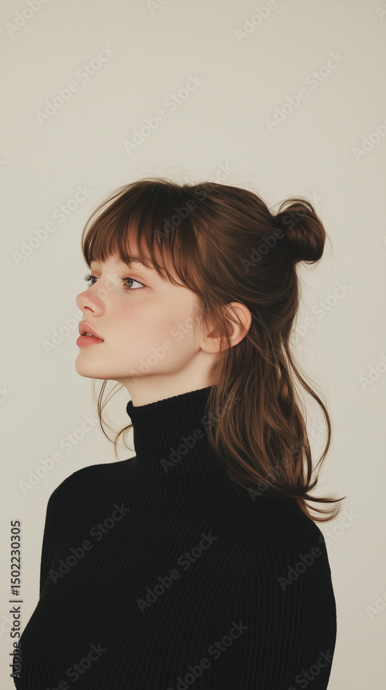Side view of a woman with half-tied hair, hair model, beauty influencer, woman wearing black knit Side view of a woman with half-tied hair, hair model, beauty influencer, woman wearing black knit