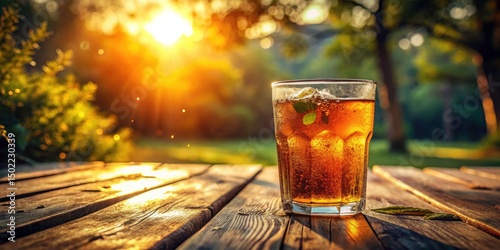 Iced Tea Photography: Condensation, Wooden Table, Warm Light - Stock Photo