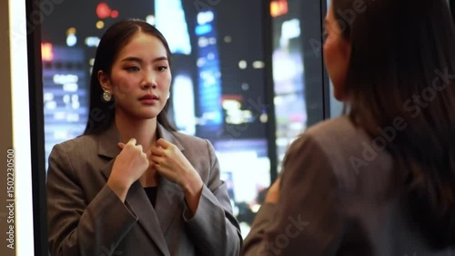 Businesswoman checking reflection in mirror before meeting