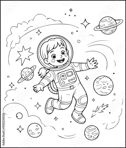Cute astronaut boy in space planet around outline vector for children coloring page or book design