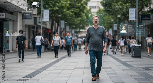 Facial Recognition Technology Man Walking City Street Surveillance