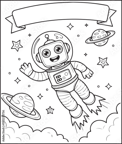Cute astronaut robot in space planet around outline vector for children coloring page or book design