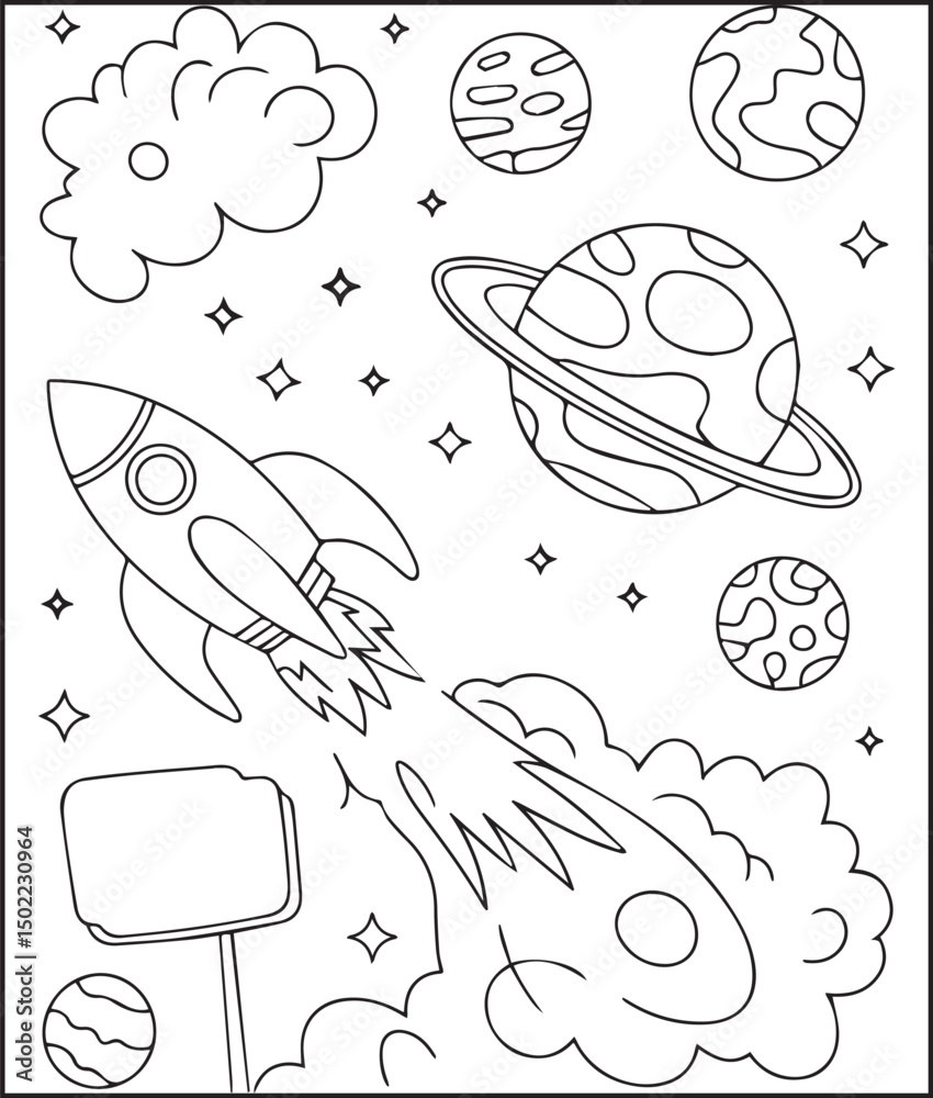 Obraz premium Rocket in space around planet and cloud coloring page for kids, black line art vector illustration for toddler coloring