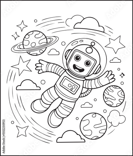 Cute astronaut robot in space planet around outline vector for children coloring page or book design