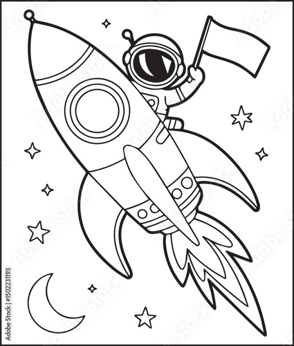 Rocket in space around planet and cloud coloring page for kids, black line art vector illustration for toddler coloring