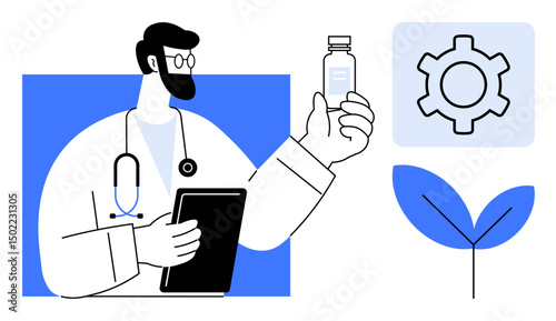 Doctor in lab coat holding tablet and medicine bottle. Complemented by gear and leaf, it symbolizes technology-driven healthcare, innovation, research, eco-consciousness, and sustainability. Ideal
