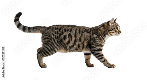 Walking Striped Cat Isolated on White Background