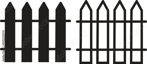 Fence, protection icons set black flat, outline styles. Garden, outdoor, house or yard signs vectors. Wall exterior boundary, wooden symbols for web and mobile app isolated on transparent background.