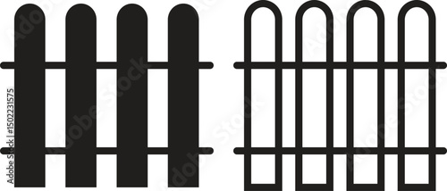 Fence, protection icons set black flat, outline styles. Garden, outdoor, house or yard signs vectors. Wall exterior boundary, wooden symbols for web and mobile app isolated on transparent background.