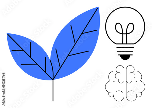 Blue leaf with line details, brain, and light bulb in minimal style. Ideal for sustainability, innovation, green energy, eco-awareness, creativity smart thinking education. Flat simple metaphor