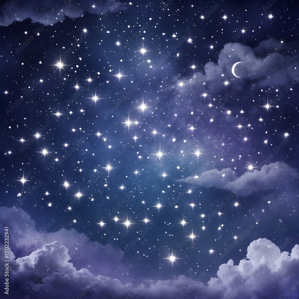 Fototapeta premium A starry night sky with a moon in the background. The stars are scattered throughout the sky, creating a sense of wonder and awe. 