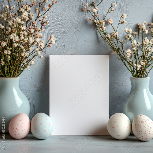 Blank Easter card mockup with spring flowers and eggs. ai generated