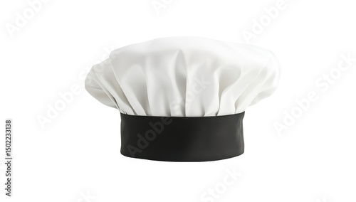 A pristine white chef's toque with a black band at the base, isolated on a black background