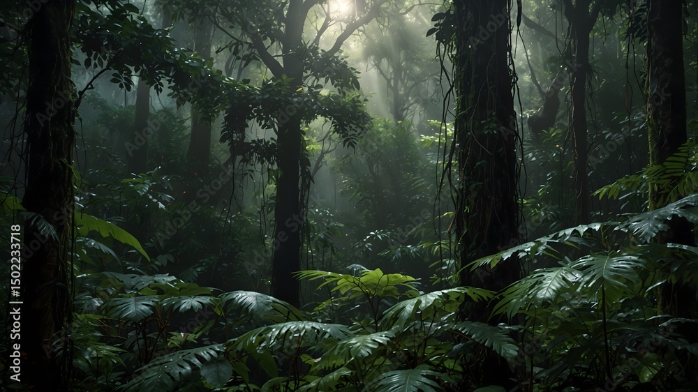 Fototapeta premium Sunlight Piercing Through Rainforest Canopy Amidst Rain