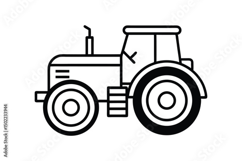 line art vector illustration of a tractor with large rear wheels and detailed cabin
