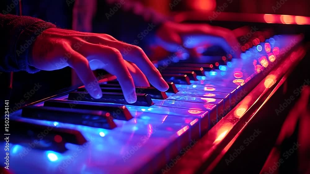 Close-up of hands playing a piano keyboard with colorful LED lights.