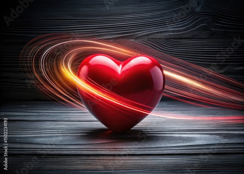 Long Exposure Red Heart Wooden Background - Dark Romantic Photography, Black Wood Heart, Valentines Day Photo, Love Symbol Image