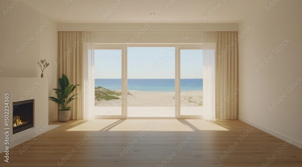 Fototapeta premium Empty beach house living room, sunlit