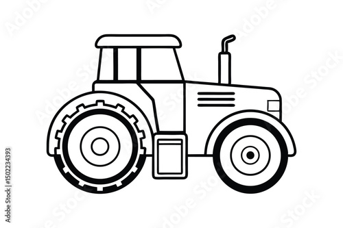line art vector illustration of a tractor with large rear wheels and detailed cabin