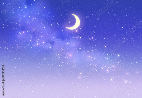 三日月と星空　背景イラスト素材　水彩　夜空