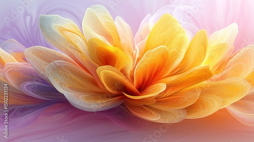 Yellow Smoke Bloom Shaped Into Layered Fractal Textures Over a Light Pink Paint Swirl and Violet Background