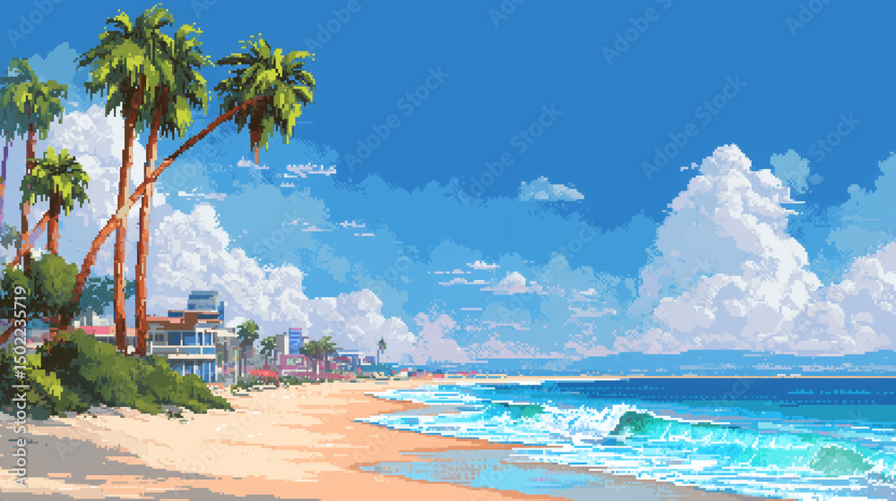 Obraz premium Pixel Art Tropical Beach with Palm Trees and Ocean Waves