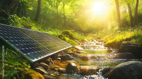 Solar panel by a babbling brook in a sunlit forest