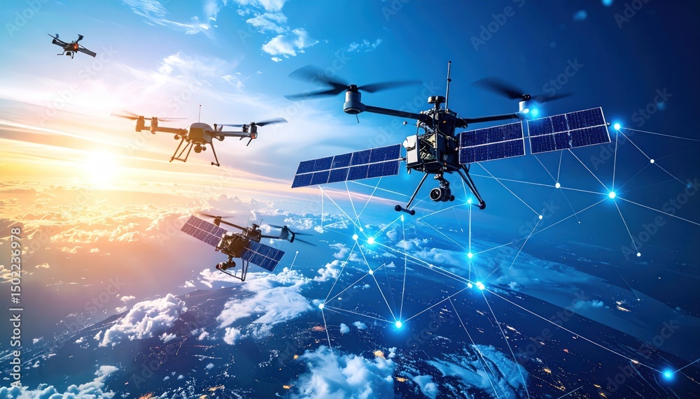 Naklejka premium Futuristic drone armada above earth with connecting network over the planet