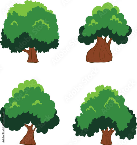  Collection of cartoon trees with lush green foliage 
