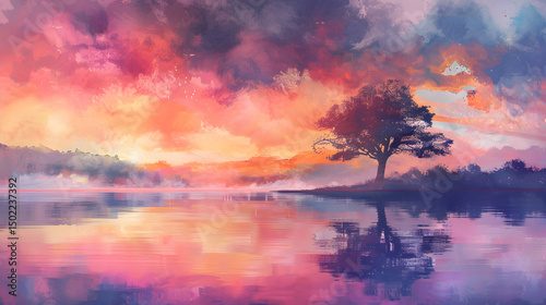 watercolor silhouette of a tree by a lake at sunset colorful