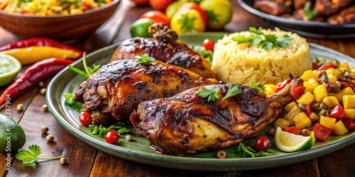 Macro Jerk Chicken Plate Photography: Close-up Food Textures, Spicy Caribbean Cuisine