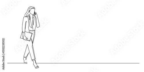 Businesswoman Talking on Phone, Continuous Line Vector.