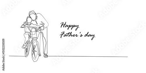 Happy Father's Day, Father and Child on Bicycle, Continuous Line Vector Illustration.