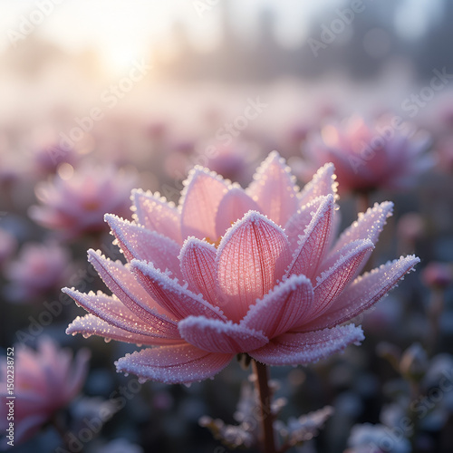 Frozen morning mist settling on delicate petals