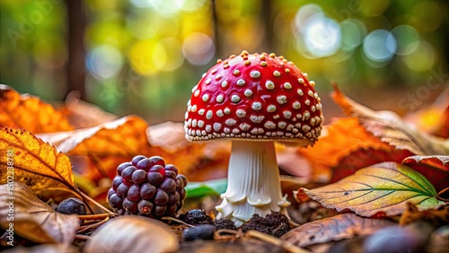 Macro Photography: Cute Red Mushroom with White Dots - Forest Floor Fungi