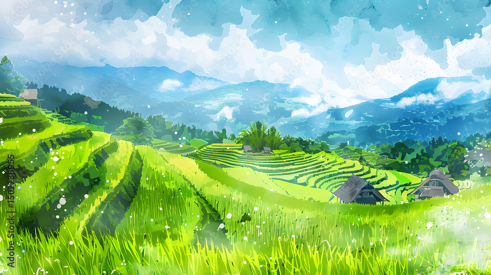 Fototapeta premium watercolor Terraced rice fields in Japanese countryside