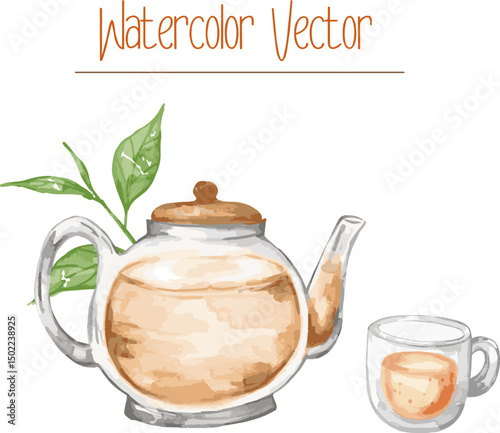 Transparent glass teapot and a cup of tea. Watercolor kettle illustration for restaurant menu, kitchenware clipart, tea packing.