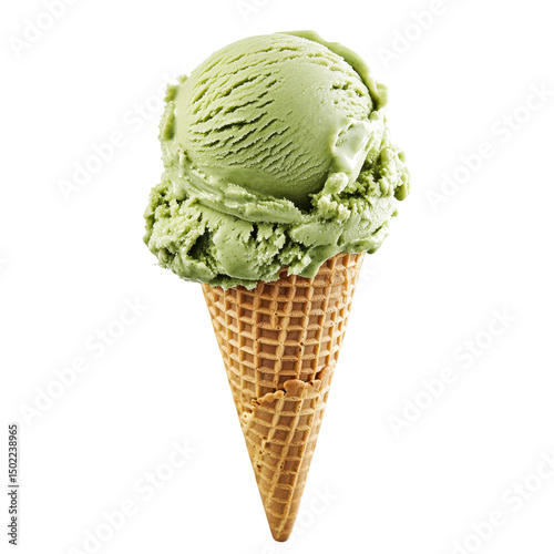 Two scoops of pale green ice cream in a waffle cone, isolated on black