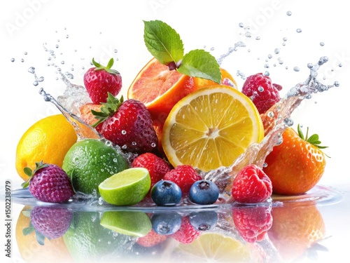 Macro Photography: Fresh Fruit Splash, Isolated White Background - High-Resolution Images