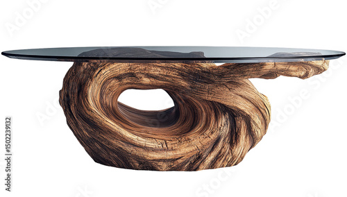 Swirling wood coffee table with a clear glass top, showcasing a unique, organic, and sculptural design