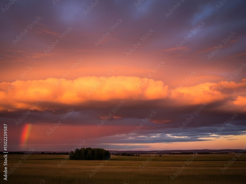 Obraz premium Dramatic sunset sky over golden fields rainbow