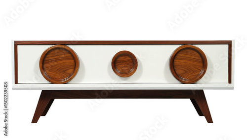 Mid-century modern low-profile cabinet with white body, dark wood trim, and three circular wood insets.  Angled legs