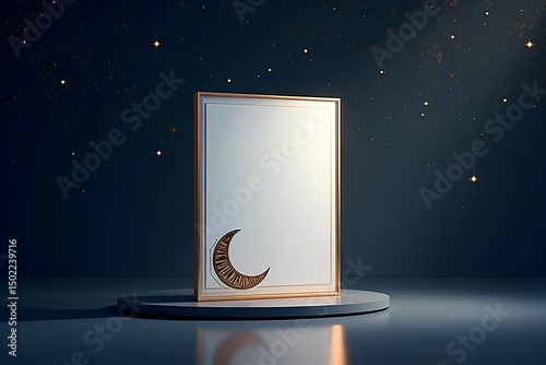 illustration of a magic lamp,Modern vertical mockup card with a luxurious gold border, crescent moon illustration, and starry night background—perfect for stylish branding, logos, and visual identity