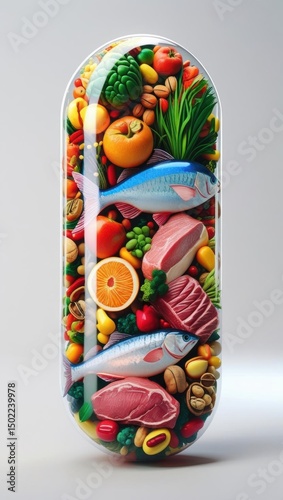 A transparent capsule filled with various foods including fish, meat, fruits, nuts, and vegetables, symbolizing nutrition and dietary supplements.