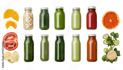 Twelve glass bottles of various green, red, and light-green smoothies, accompanied by fresh produce like oranges, tomatoes, cucumbers, oats, and spinach