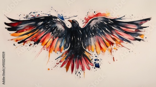 A watercolor-style tattoo of bird wings with splashes of color with a whimsical twist